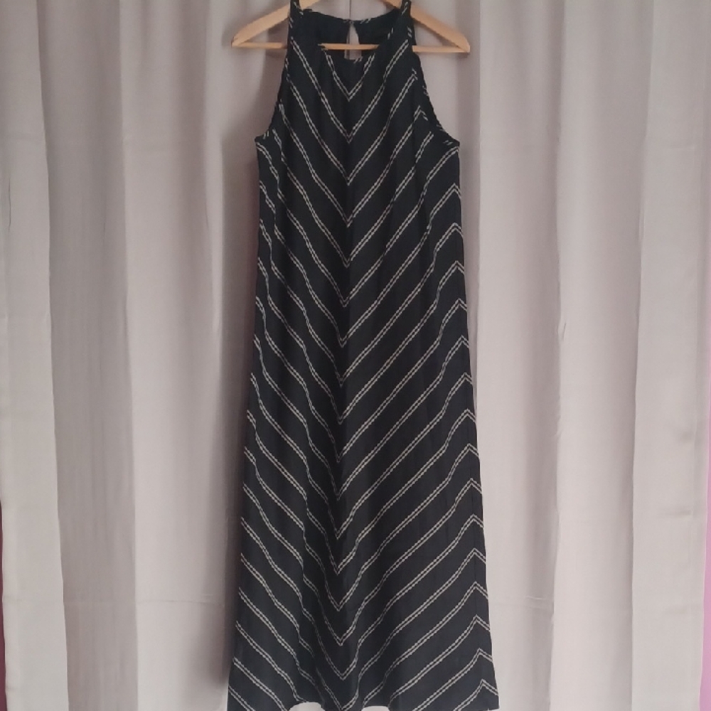 J. Crew Linen Maxi Swing Tank Dress, Black White Chevron, Halter Neckline